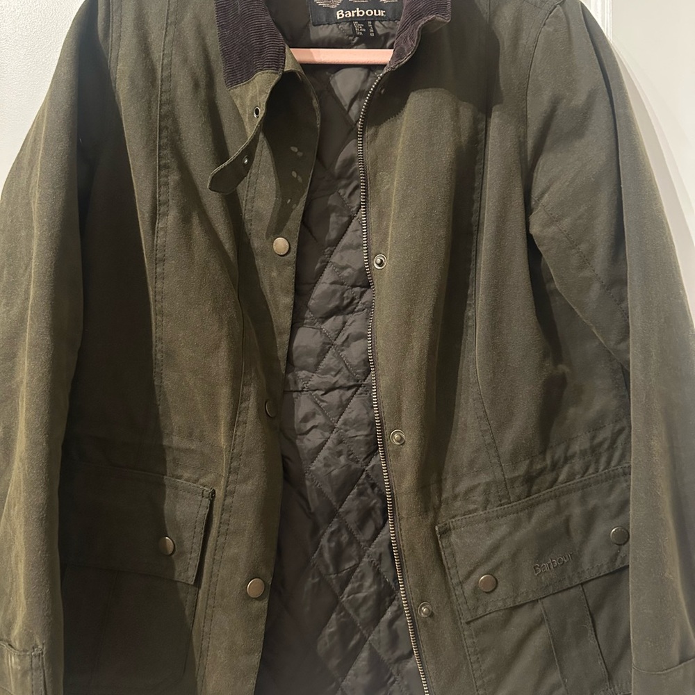 Barbour Green Utility Jacket Waxed Cotton Corduroy Collar